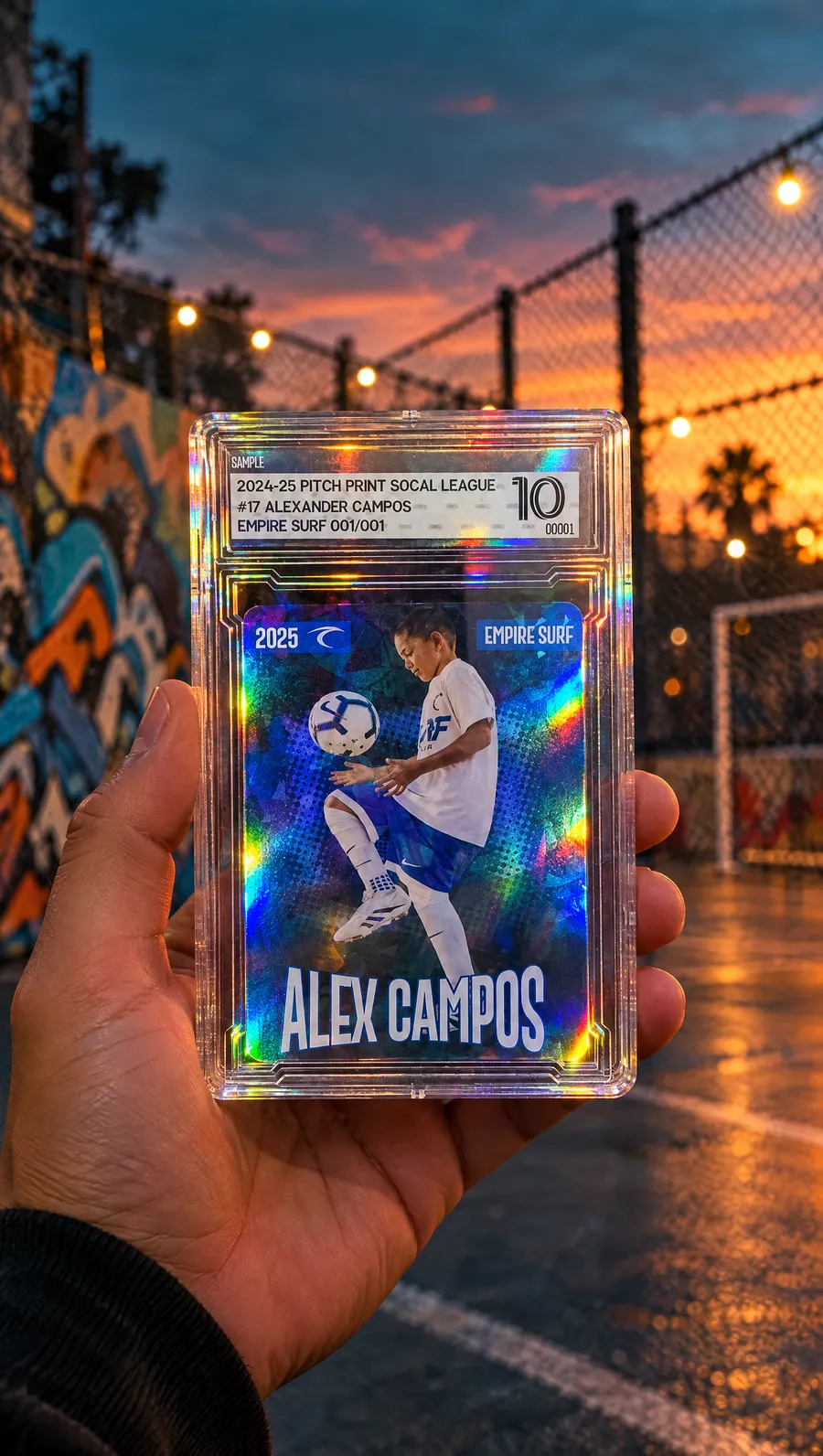Custom graded player card held up at a street soccer cage