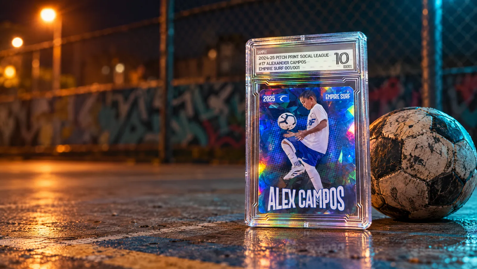 Graded custom soccer card on a night futsal court