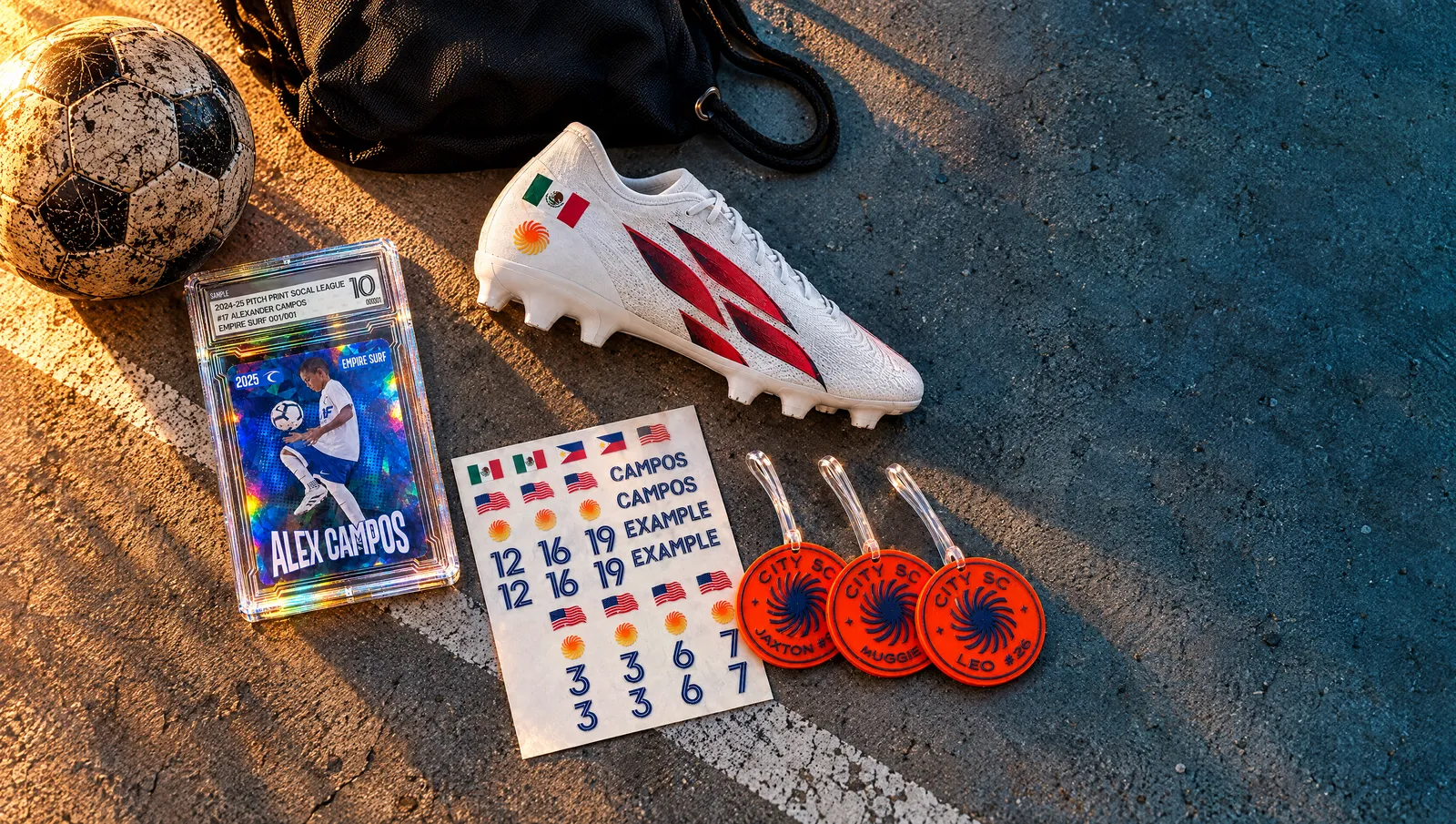 Pitch Print FC custom soccer gear flat lay