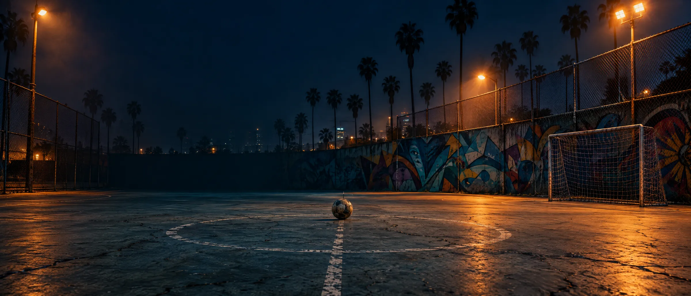 Street futsal cage at night under floodlights