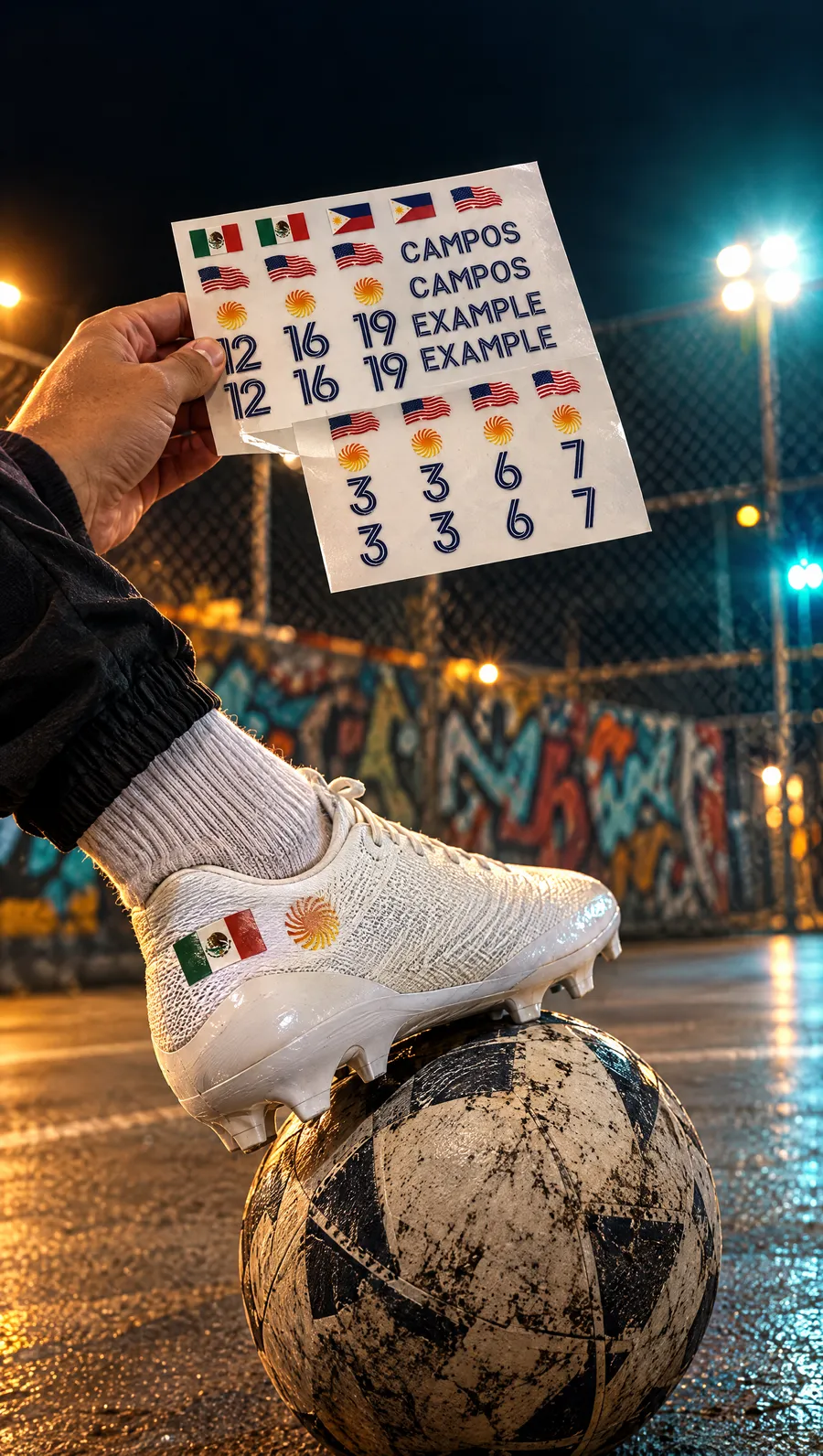 Custom cleat decals on a cleat resting on a street soccer ball