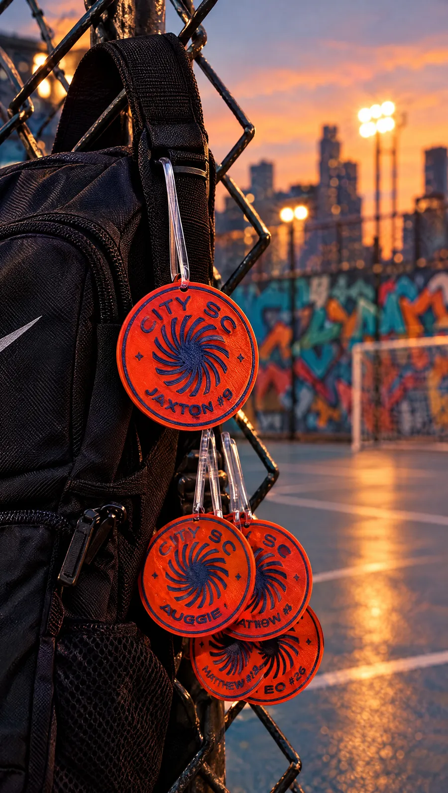 Custom soccer bag tag hanging from a backpack on a chain-link fence