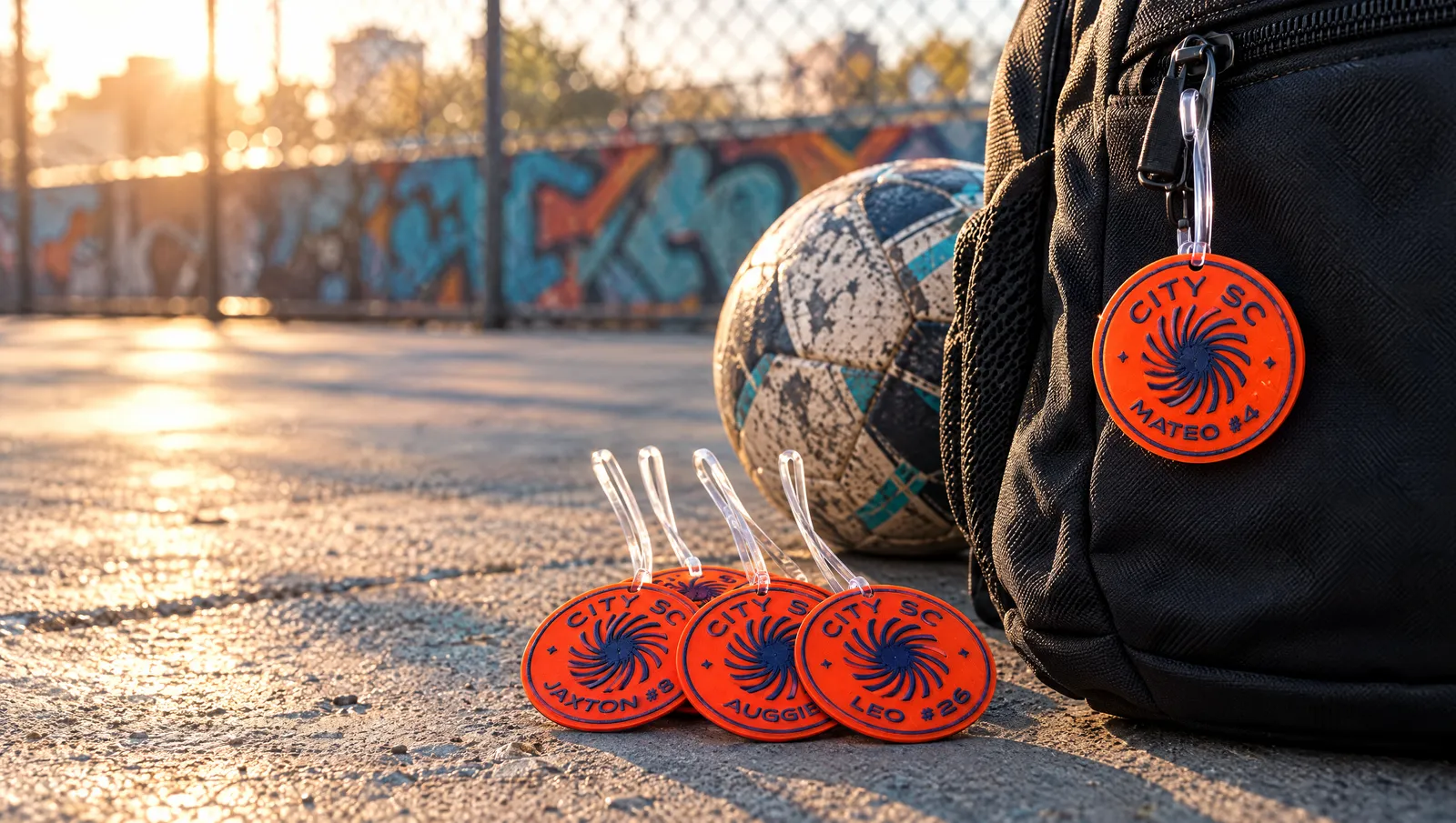 Custom team bag tags on a soccer backpack